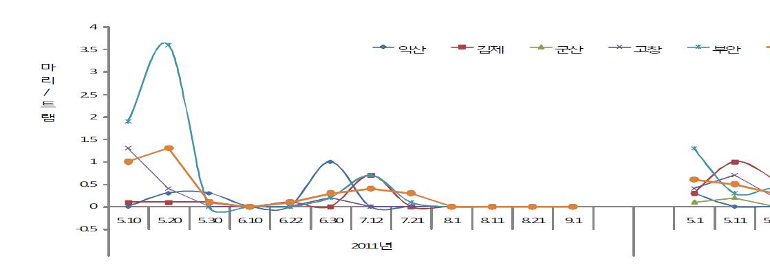 페로몬 트랩에 의한 멸강나방 성충 채집현황