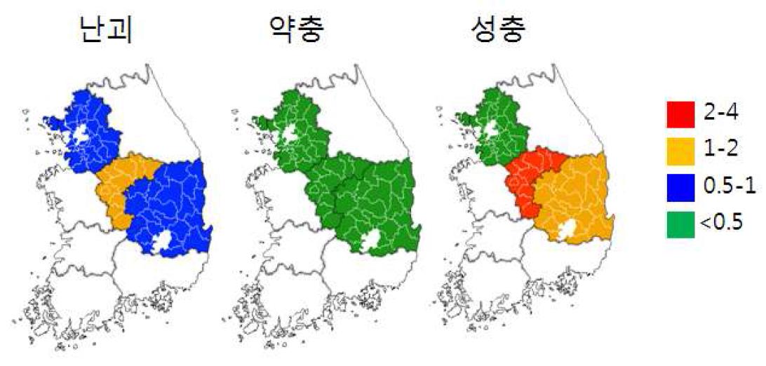 2011∼2012년 경기, 충북, 경북 지역 포도 꽃매미 발생 분포도