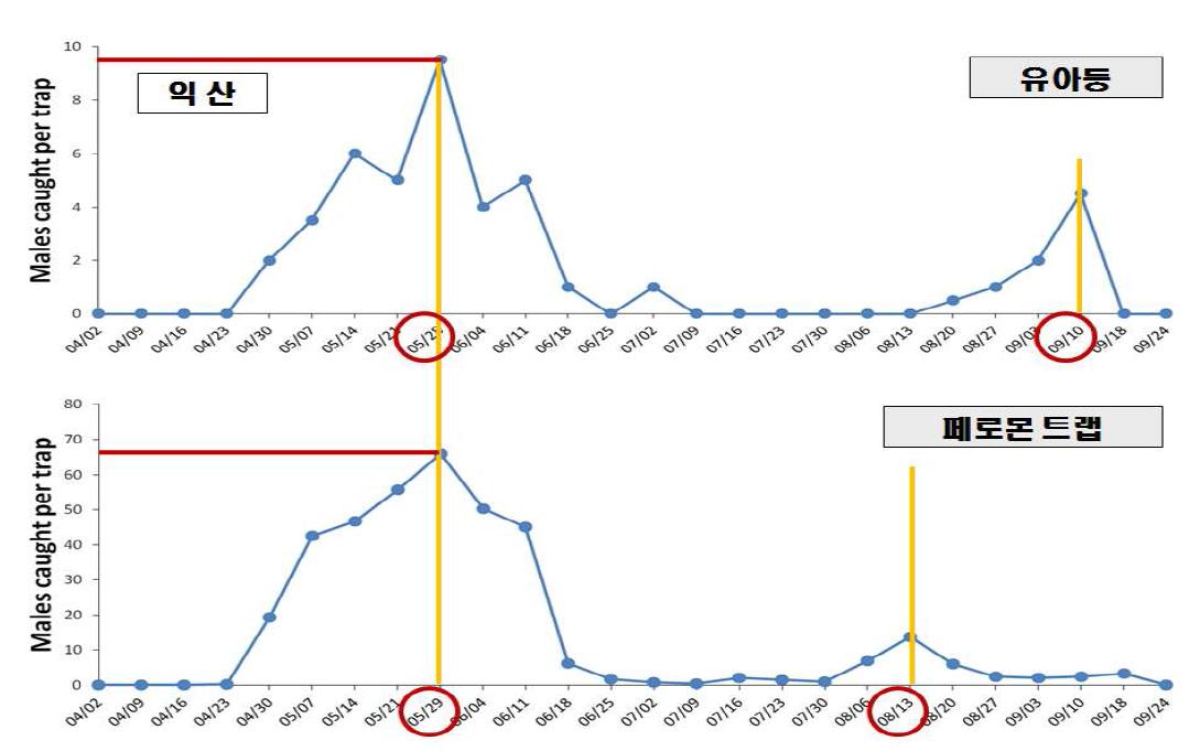 성페로몬 트랩과 유아등을 이용한 벼 이화명나방 발생양상 비교(‘12)