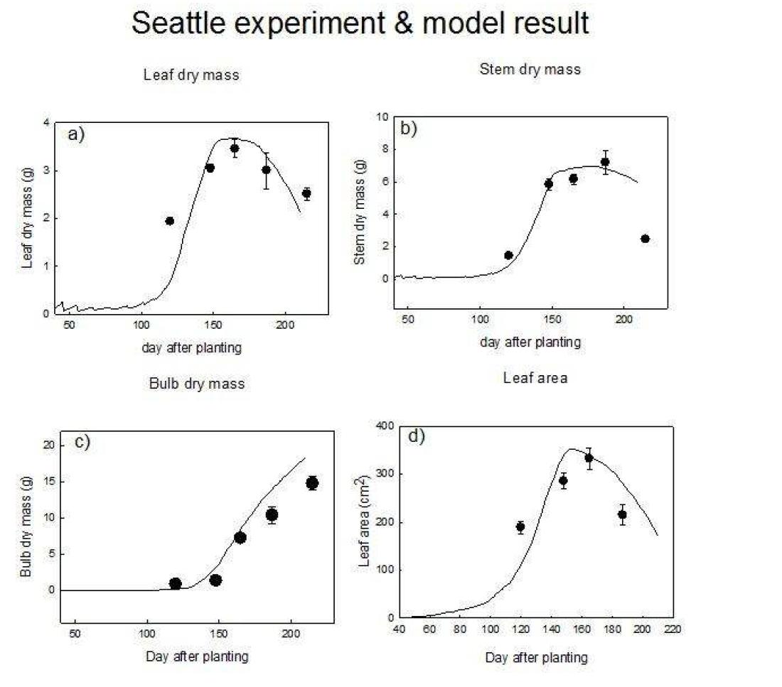 워싱턴주 시애틀 노지 실험 결과와 마늘 생장 모형 시뮬레이션 결과. 에러바는 실험 결과, 실선은 모형의 시뮬레이션 값을 보여준다.