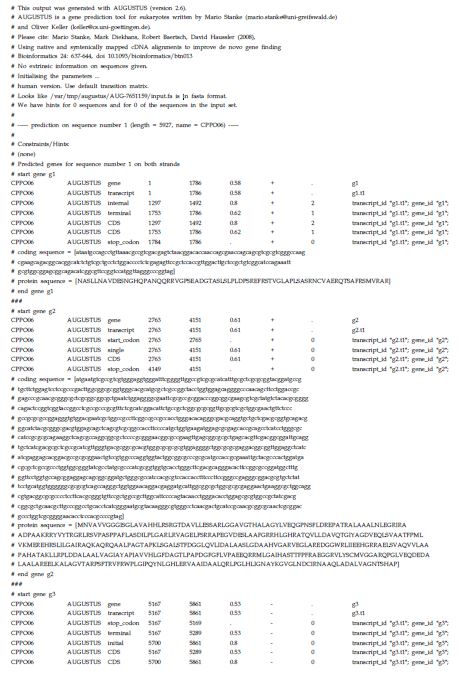 그림 8. CPPO06 도입유전자 카세트 및 인접 염기서열에 대한 Augustus program을 사용한 gene annotation 결과.