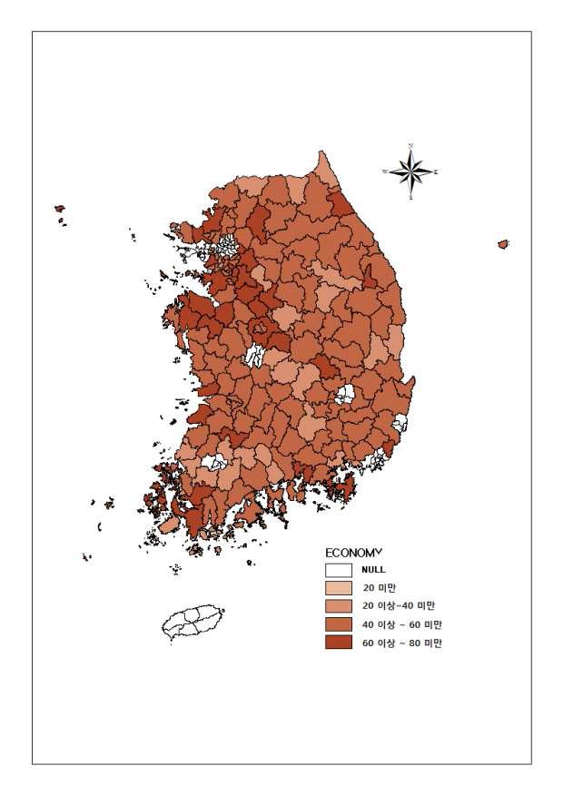 산업경제영역 지역별 고령화 대응수준 결과(161개 시・군)