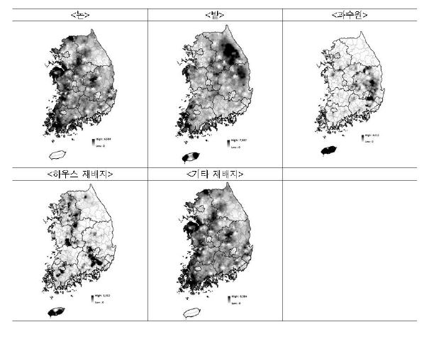 농업용지의 지역별 공간적 집중도 현황