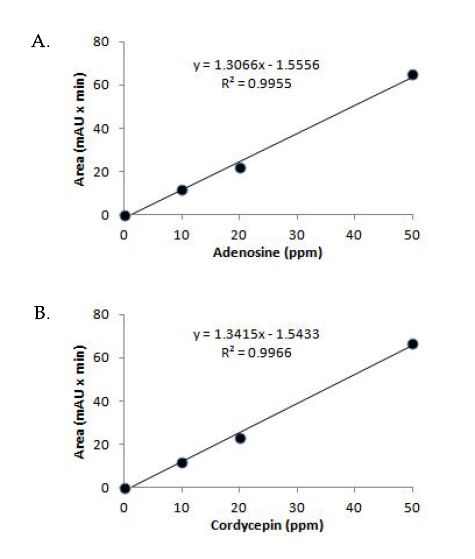 fig 5. Adenosine (A)과 cordycepin (B)의 표준곡선.