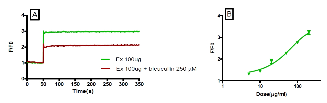 Figure 20. Effect of Cirsium japonicum extracts collected from Cheju on [Cl-]i in neuroblastoma cells. Fluorescence was monitored in the excitation wavelength at 365nm and the emission wavelength at 450 nm using the Cl--sensitive indicator, N-(6-methoxyquinolyl) acetoetylester (MQAE). Contents of influxed Cl- ion were expressed as a peak.