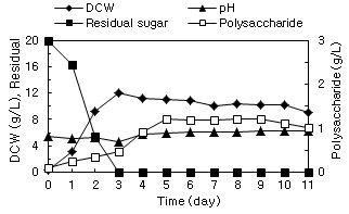 Fig. 4. Time profiles of cell growth, polysaccharide production, pH, and residual sugar in basal medium