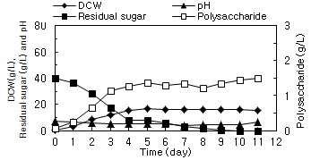 Fig. 7. Time profiles of cell growth, polysaccharide production, pH, and residual sugar at C/N=40/10