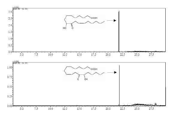 그림 30. AOS 효소의 활성분석을 위한 9-HPOD의 HPL 효소 산물 9-Hydroxy-10-oxo- 12(Z)-octadecenoic acid(Upper)와 13-HPOD의 AOS 효소 산물 13-Hydroxy-12-oxo- 9(Z)-octadecenoic Acid(Lower)를 GC/MS SIM 모드로 분석한 크로마토그램.