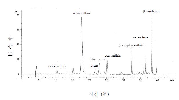 그림 24. 카로티노이드 표준물질 혼합용액의 HPLC 크로마토그램