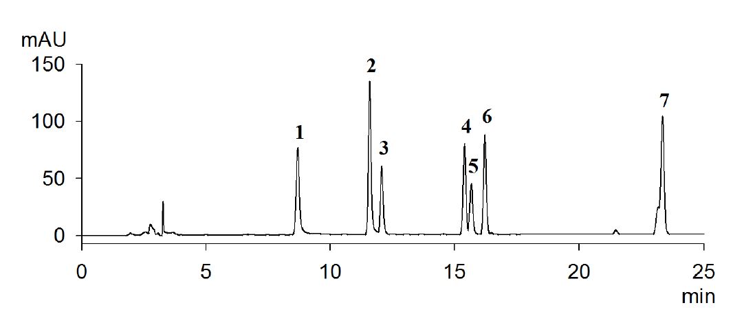 그림 7. 플라보노이드 표준물질의 역상 HPLC 크로마토그램