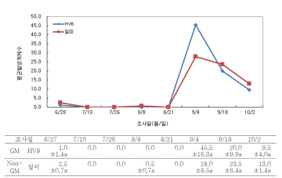 품종간 조사 시기별 거미류 발생현황