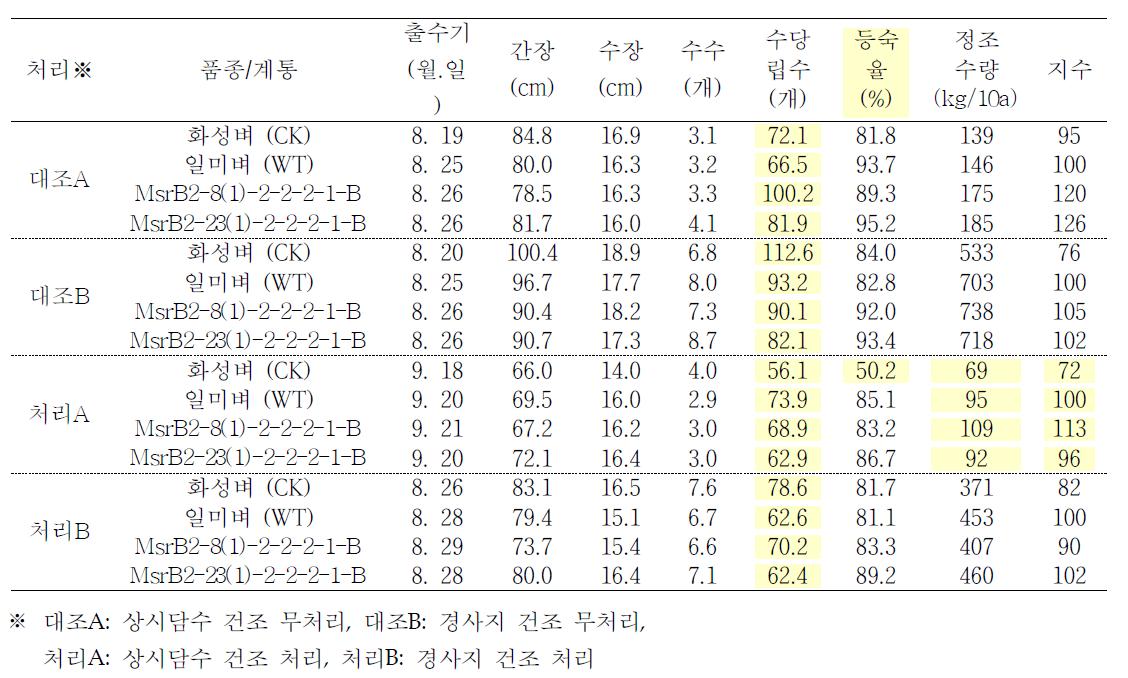 유리온실 이앙 후 최고분얼기부터 위조점까지 건조처리조건에서 주요 농업형질