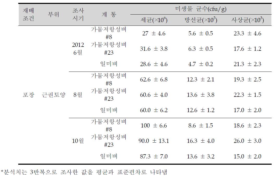 일미벼와 가뭄저항성 형질전환벼 근권토양 미생물 군집밀도 조사