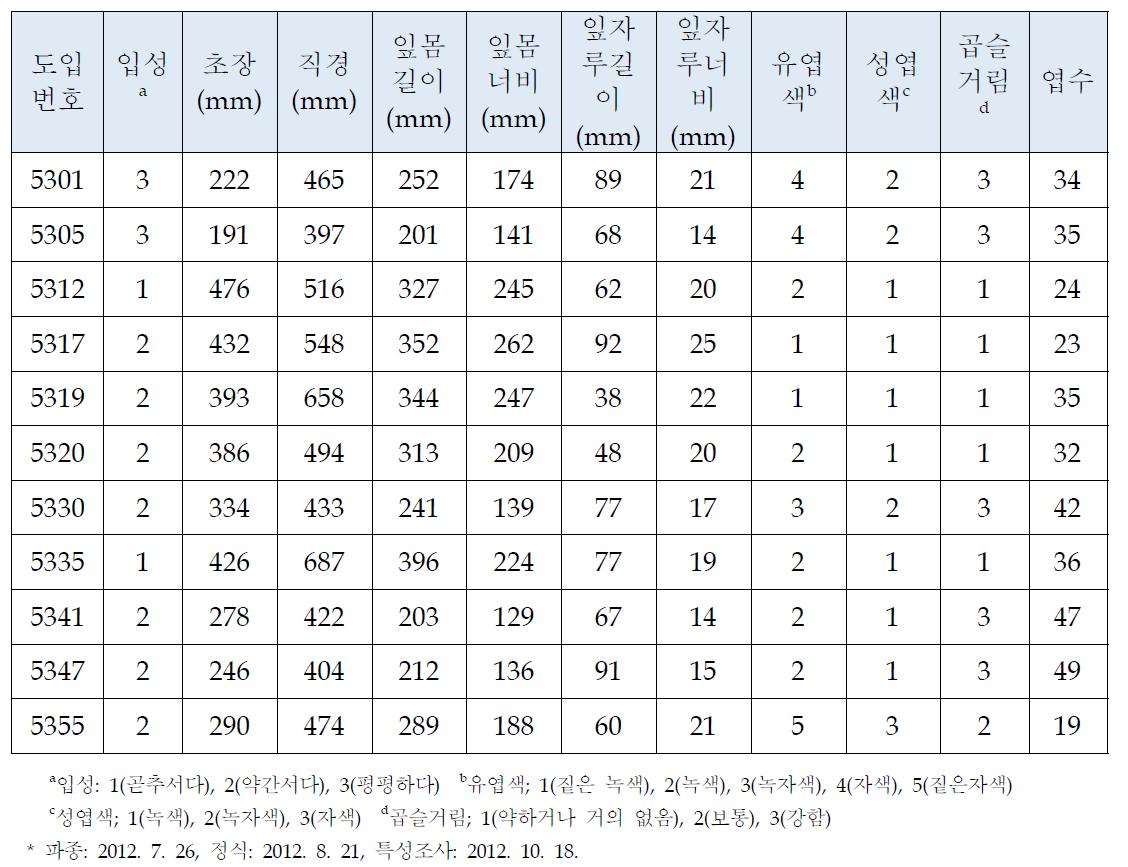 케일 선발 우수계통 성능검정