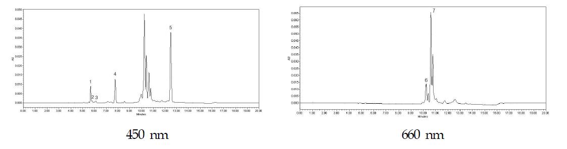 HPLC chromatograms of carotenoids according to wavelength (450, 660 nm).