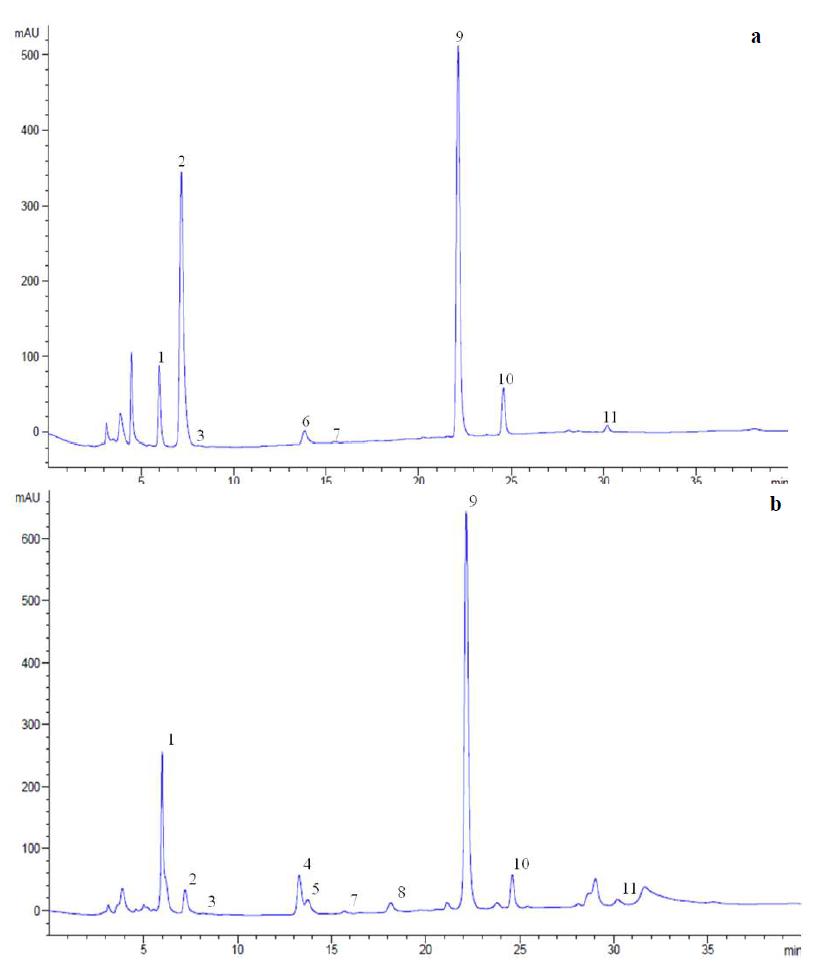 HPLC chromatograms of glucosinolates in a, green cabbage (FS 8-1); b, red cabbage (FS 5-1).