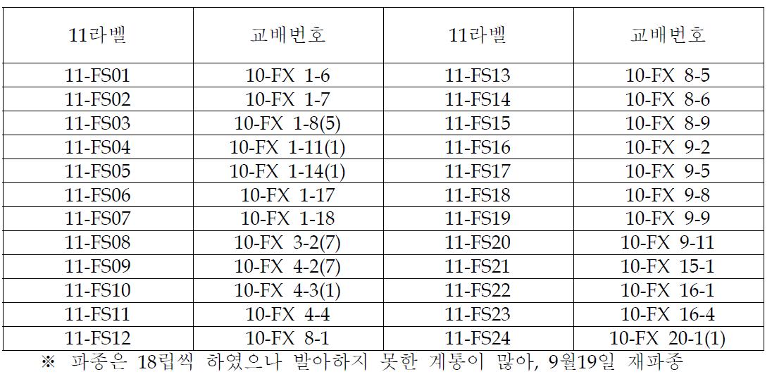 ’10 선발 자원의 뇌수분 결과 200립 이상 채종한 24계통의 내역