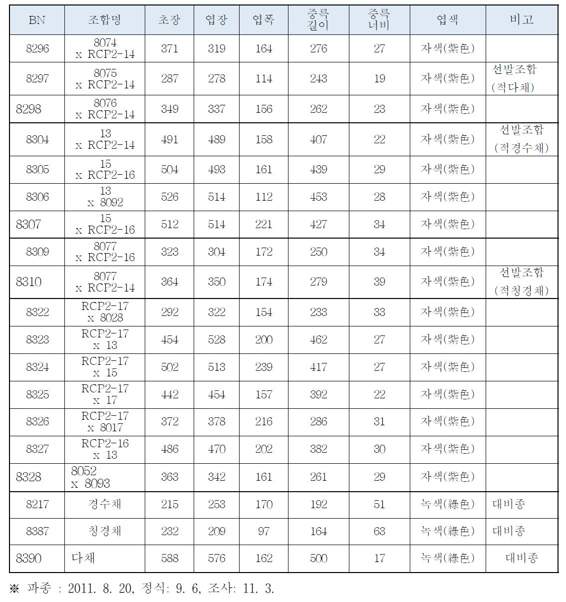 적색 어린잎 채소 조합 선발시험