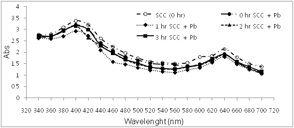 Figure 3. Absorption spectra of SCC in presence of heavy metals (As, Cd, Pb) at room temperature at 0, 1, 2, and 3hr