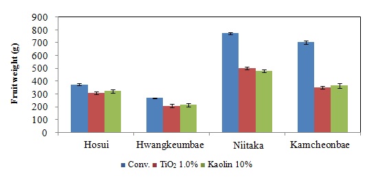Fig. 2. Changes in fruit weight with various TiO2andkaolinsprayatharvesttimeinpearcultivars