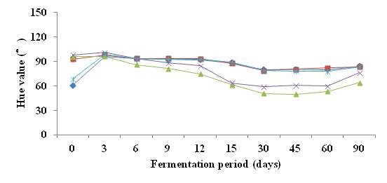 Fig. 12. Changes of hue value during the fermentation of wine made with various pear cultivars.
