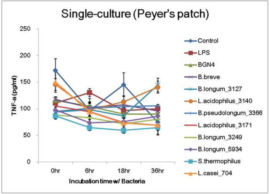 (D) 파이어스패치로부터 분리한 일차세포에 균(10종)과 LPS를 함께 처리한 후 배양 시간에 따른 TNF-a의 발현