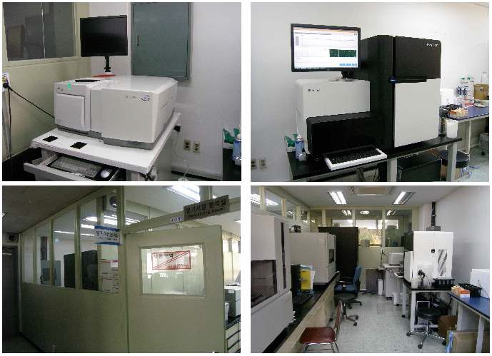 그림 4. NGS 염기서열 분석 장비 GS-FLX Plus(좌상)과 HiSeq 1000(우상)을 도입하여 운영하고 있는 염기서열 해독실(좌하, 우하).