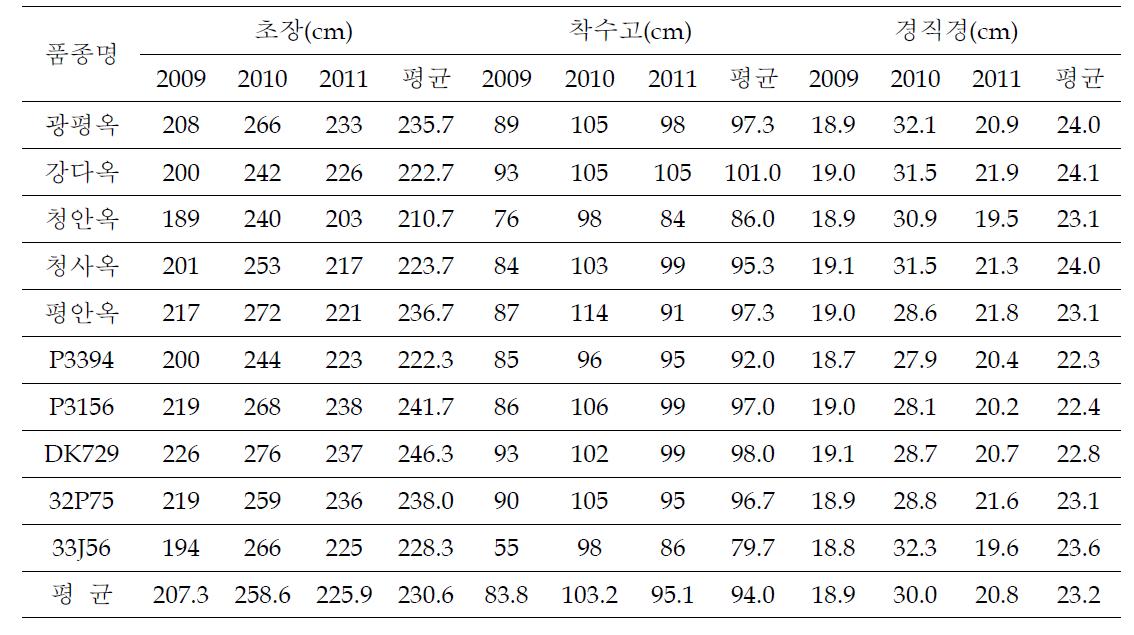 고랭지 적응 사일리지용 옥수수 선발 생육특성(초장, 착수고, 경직경)