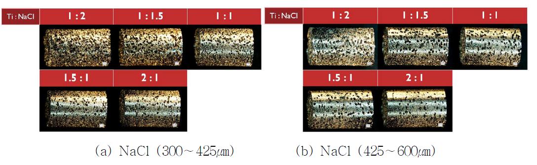Ti과 NaCl 혼합비와 NaCl 입도에 따른 Ti 다공체의 형상
