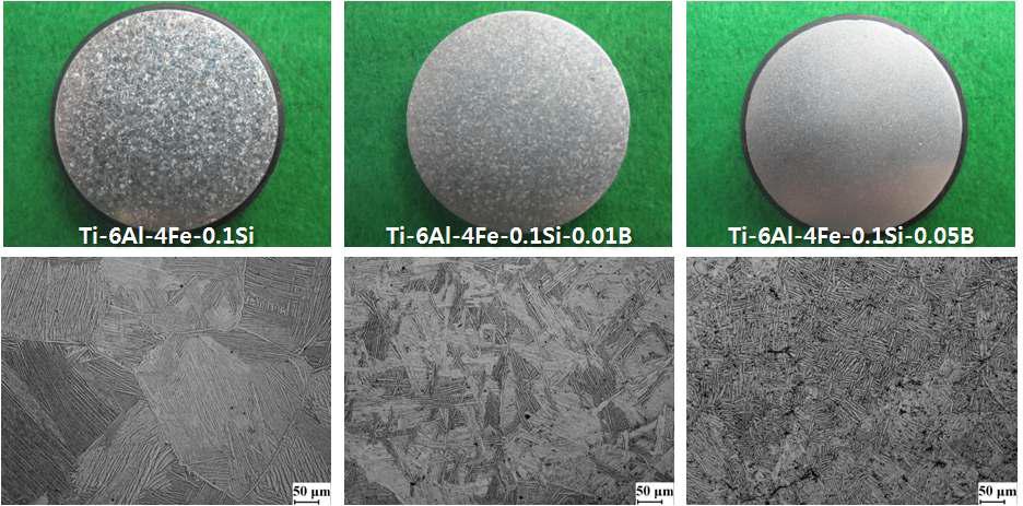 Macrographs of ISM Ti alloy ingots and their micrographs