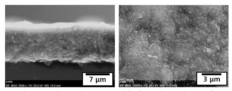 AD 법으로 제조된 LLZN 막의 파단면 및 표면의 SEM 사진
