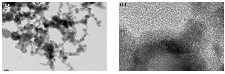 PAD 방식으로 합성된 니켈 분말의 TEM 이미지. (a) Scale bar = 20 nm, (b) Scale bar = 2 nm