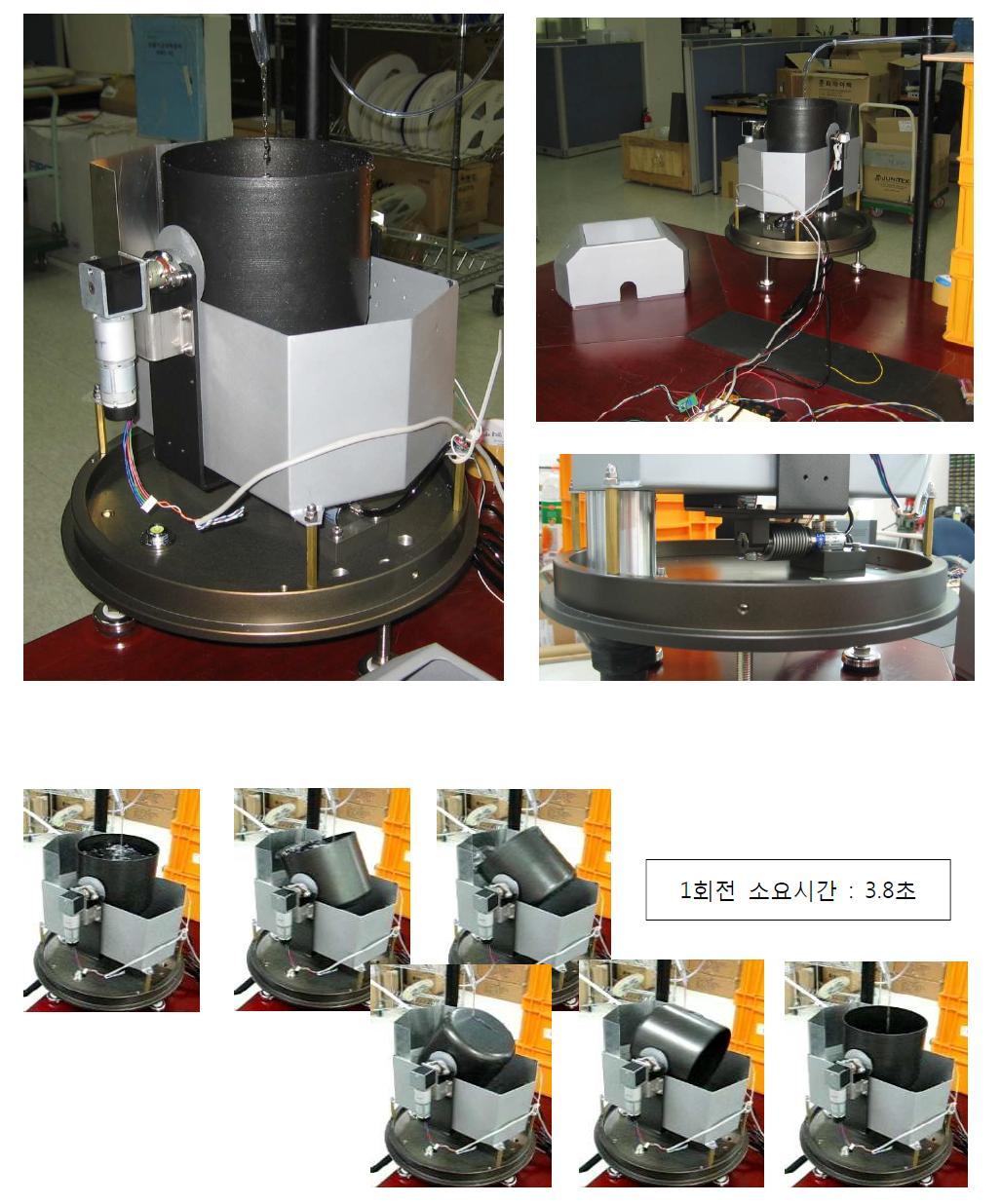 Pictures showing the inner structure of Auto-Empting Type Weighing Precipitation Gauge developed in this R&D(upper) and the sequence of container rotation for auto empting process.