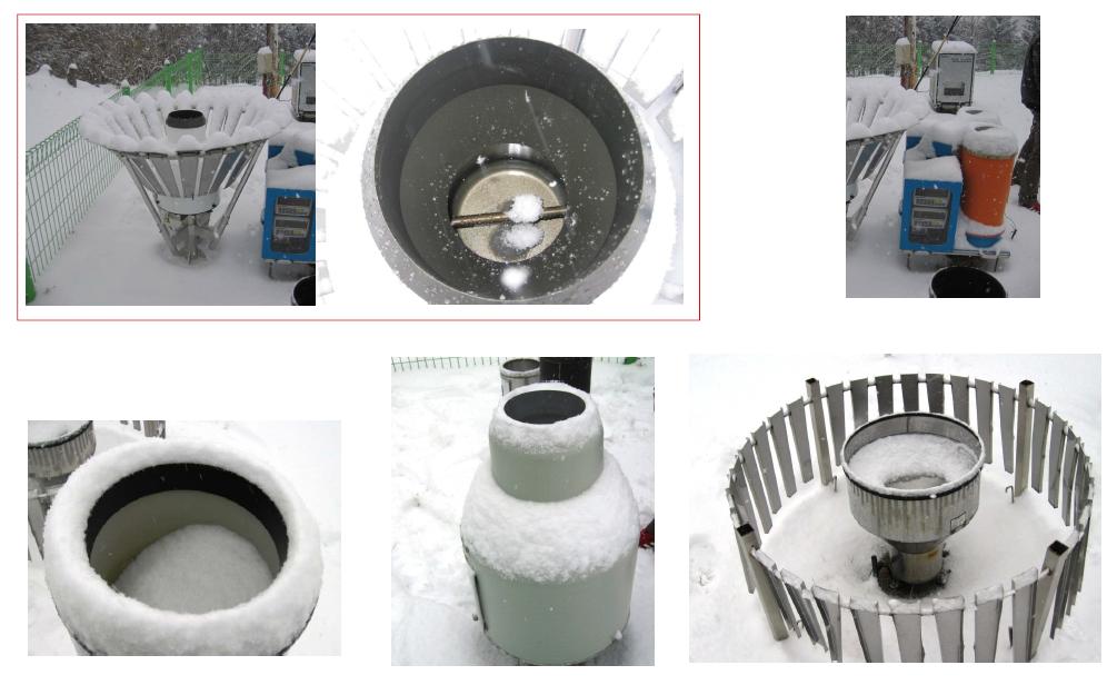 Comparison of snow cover on the collector of precipitation gauges at Daegwanryoung site. The pictures in rectangular are for developed one