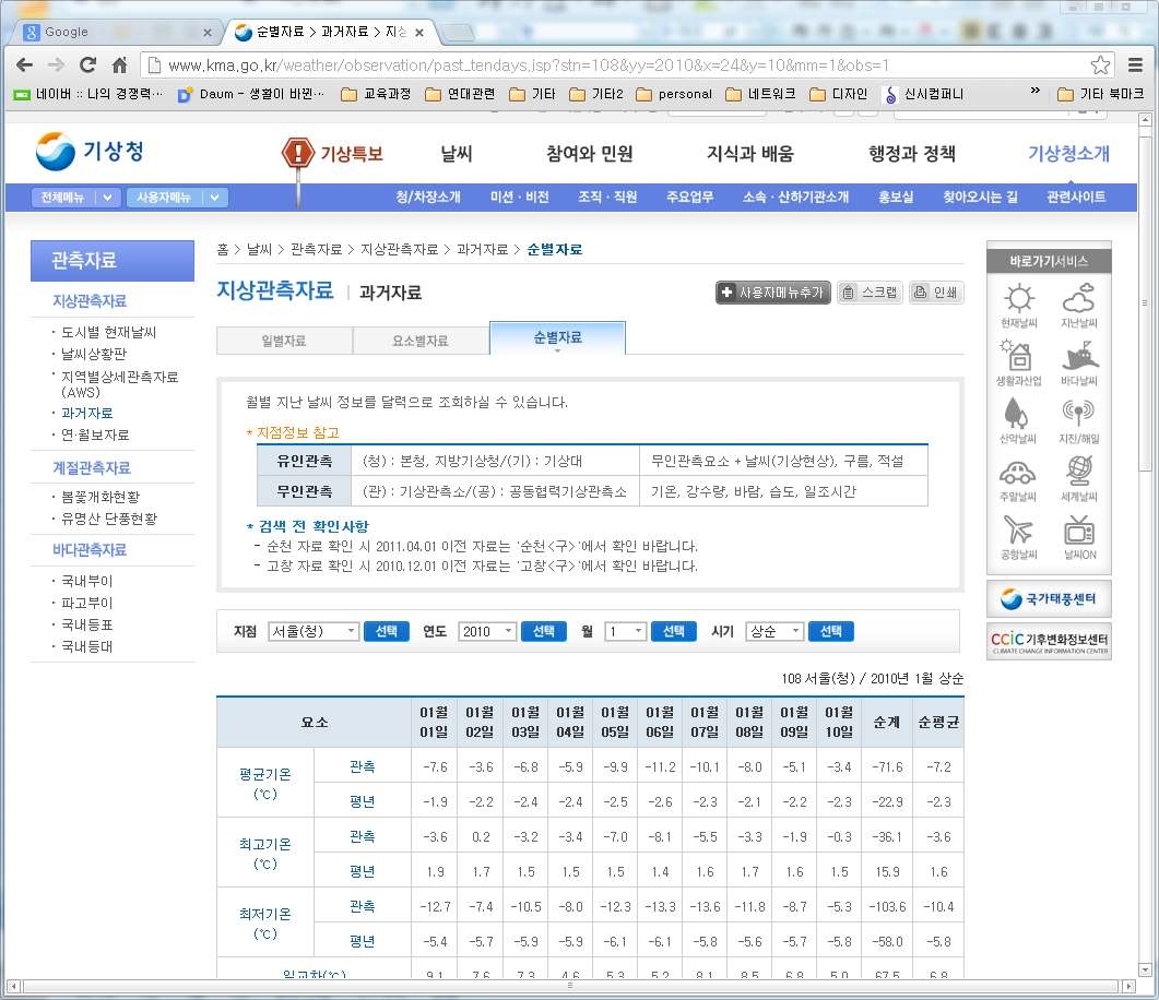 기상청 기상관측정보 제공 화면