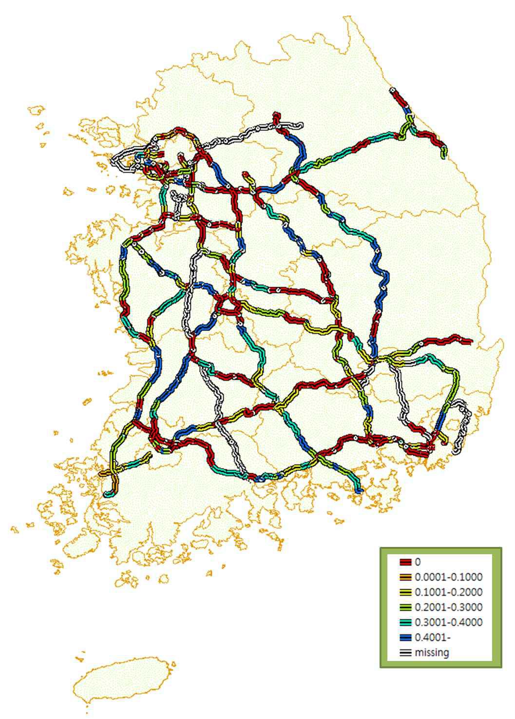 고속도로 중심 간선도로망의 네트워킹 지수(NR) 구간기능(F2) 분석지도