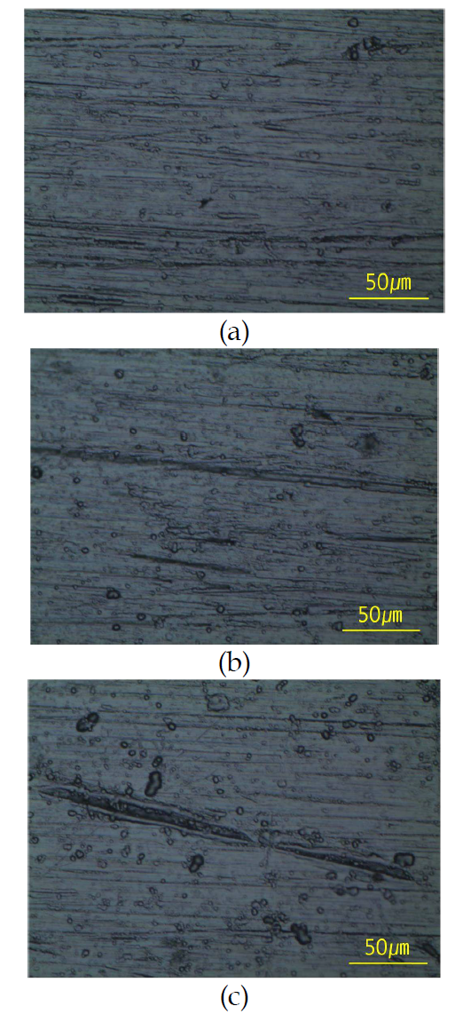 Surface views by OM images (a) PVD SiC and after tensile tests (b) 2% and (c) 5% strain.