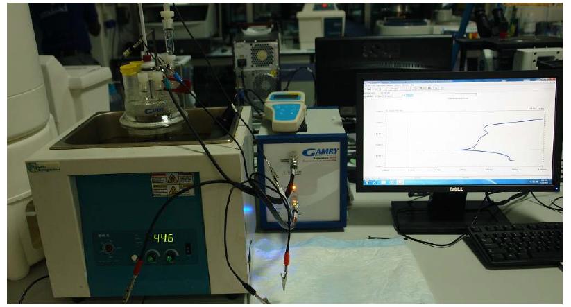 Test set up for electrochemical measurements (electrochemical cell, potentiostat, and water bath)