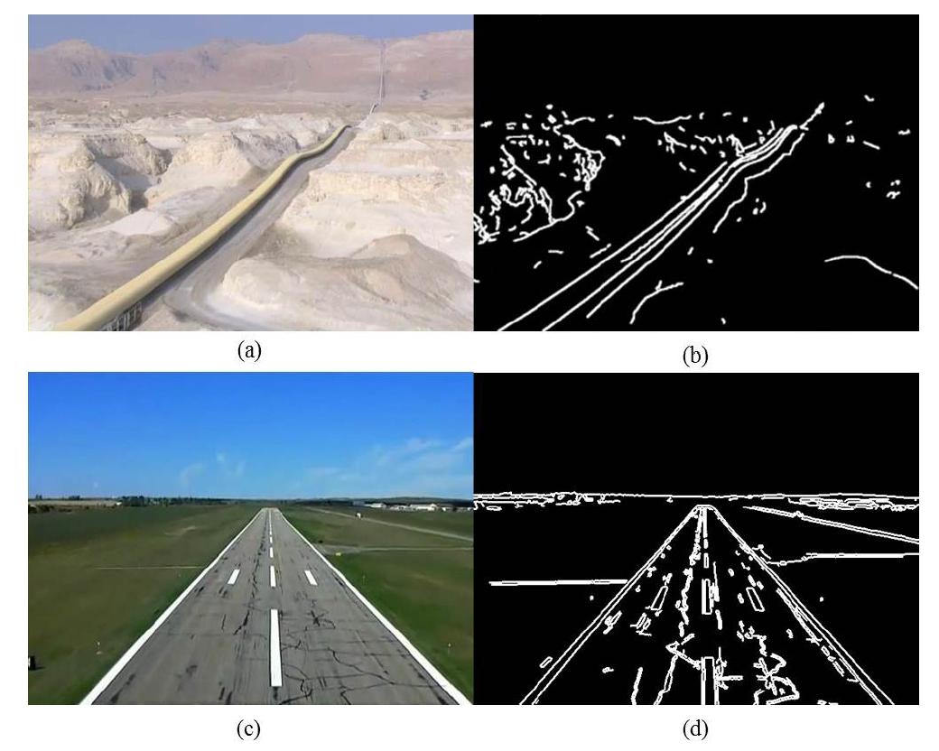 (a) Pipeline image. (b) Edge detection result of (a). (c) Runway image. (d) Edge detection result of (c).