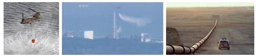 Manned CH-47 helicopter of Japanese Self-Defense Force, desperately attempting to pour water to a distressed nuclear reactor. (left and middle)