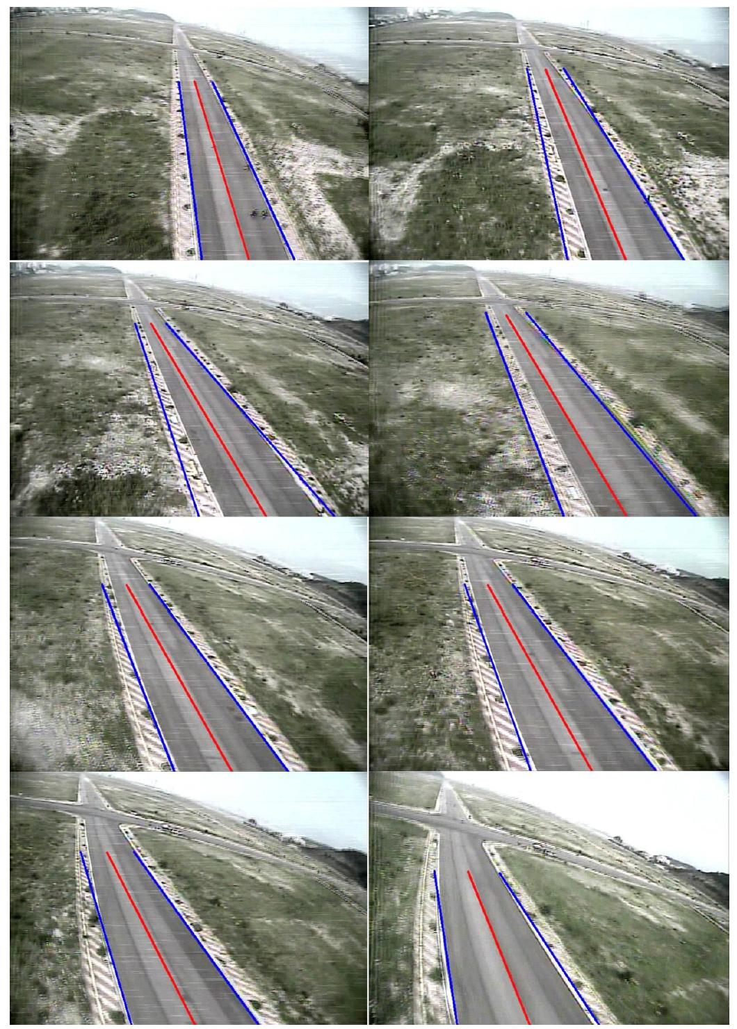 Sequence of detection and tracking images during road following (blue line: road boundary, read line: reference mid-line).