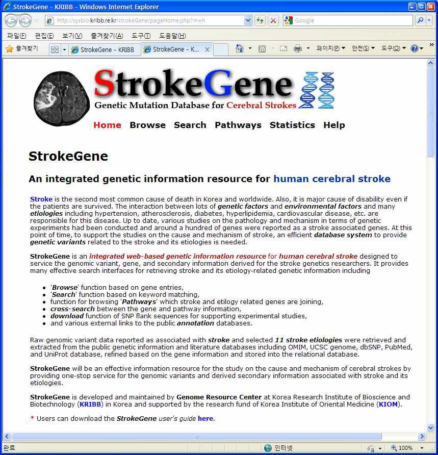 중풍 유전체 변이 데이터베이스(StrokeGene)의 웹사이트 화면 (http://sysbio.kribb.re.kr/strokeGene