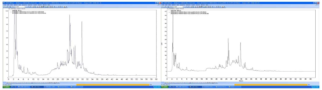 BC-29 추출물의 HPLC 크로마토그래피 (좌: 203 nm, 우: 254 nm)