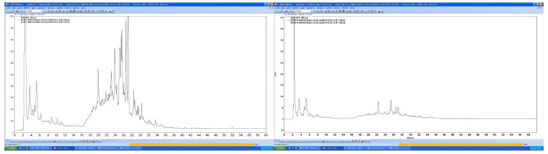 BC-15 추출물의 HPLC 크로마토그래피 (좌: 203 nm, 우: 254 nm)