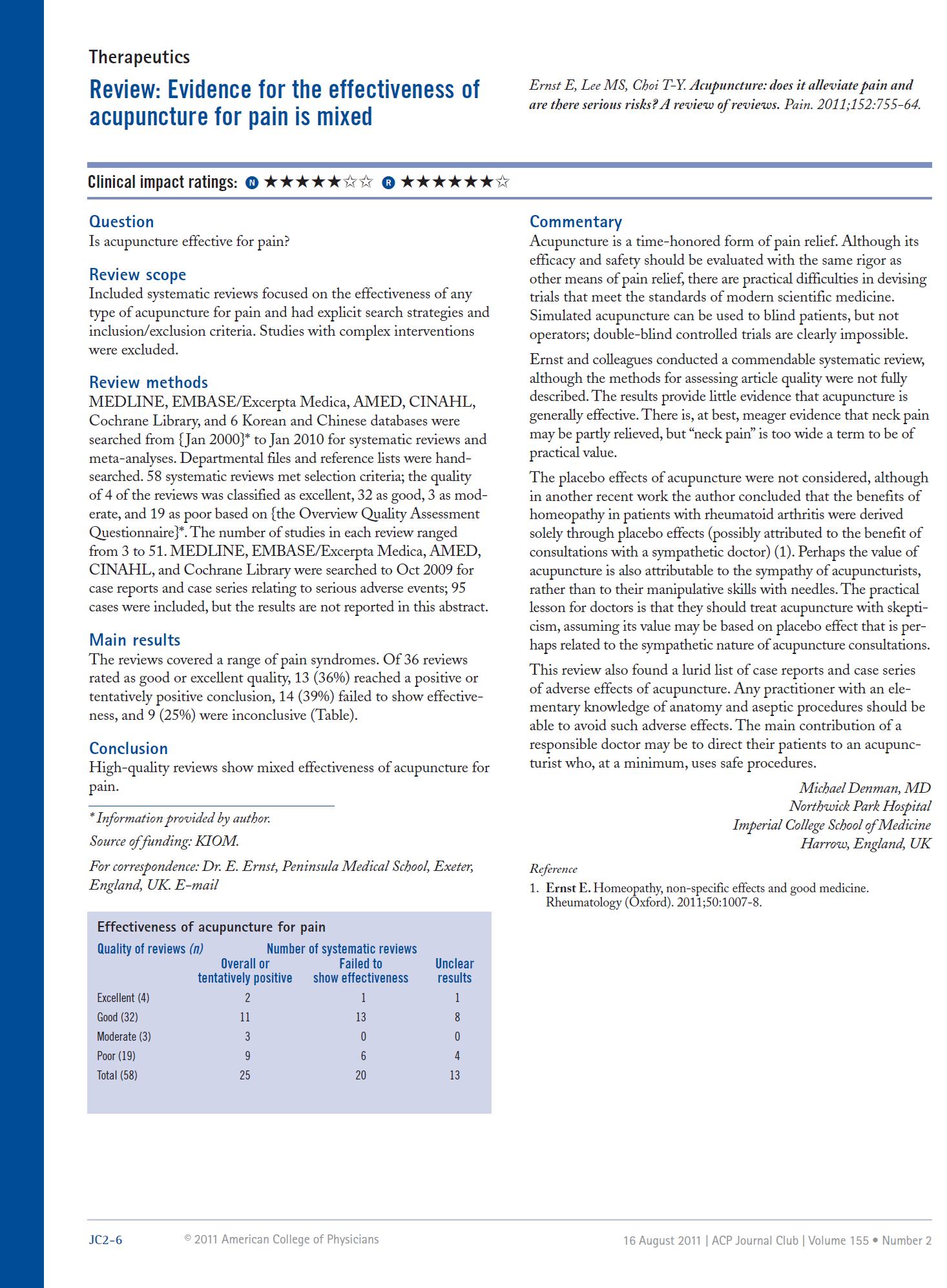 침치료의 통증질환에 대한 근거분석 ACP Journal Club에 발간