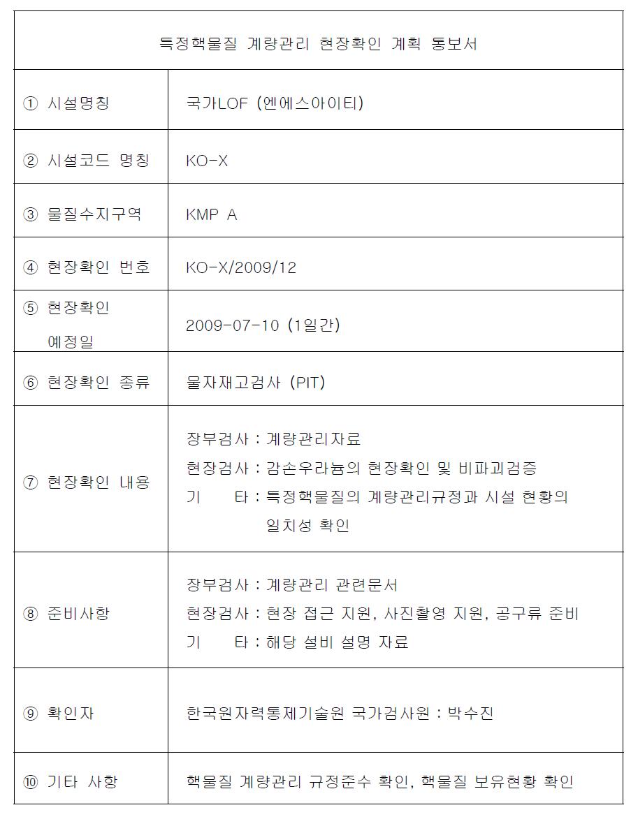 특정핵물질 계량관리 현장확인 계획 통보서 (예)