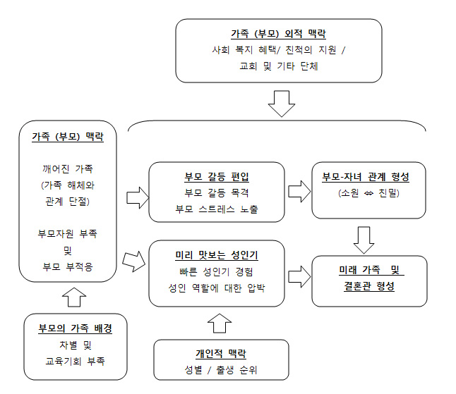 【그림 Ⅱ-1】취약위기계층 청년의 가정환경과 성인기 이행 패턴의 정리