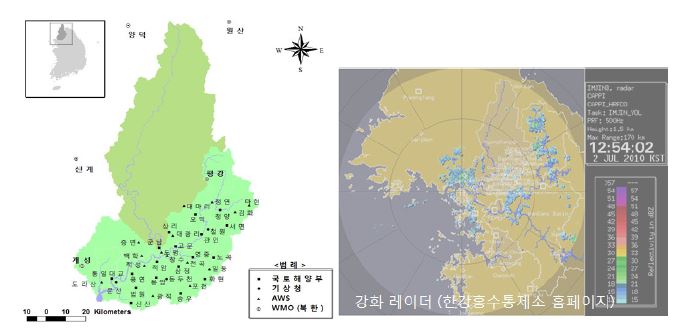 임진강 유역의 강우 관측망(우) 및 강화 수문 레이더(좌)