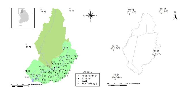 임진강 유역의 기상관측점(좌)과 강우 입력 자료를 위한 티센망(우)