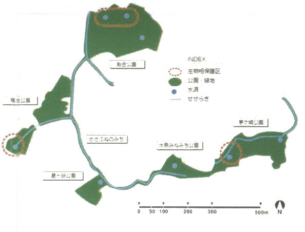 일본 코호쿠 신도시의 그린 매트릭스와 연계된 생물상 보호구 배치도
